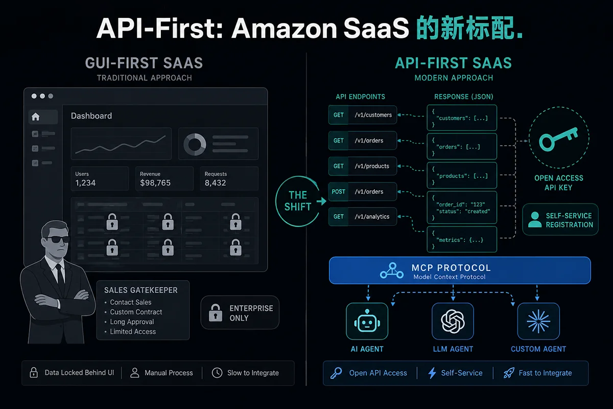 GUI-first SaaS（数据上锁、销售门槛）与 API-first SaaS（开放端点、MCP 连接 Agent）的并排对比