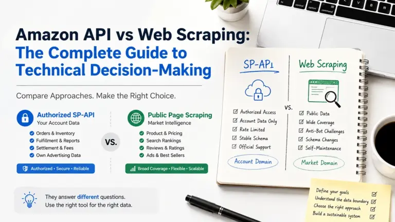 amazon api vs web scraping comparison diagram showing authorized SP-API route and public page collection route