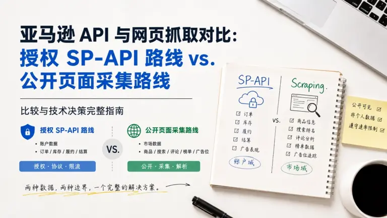亚马逊 API 与网页抓取对比图，展示授权 SP-API 路线与公开页面采集路线