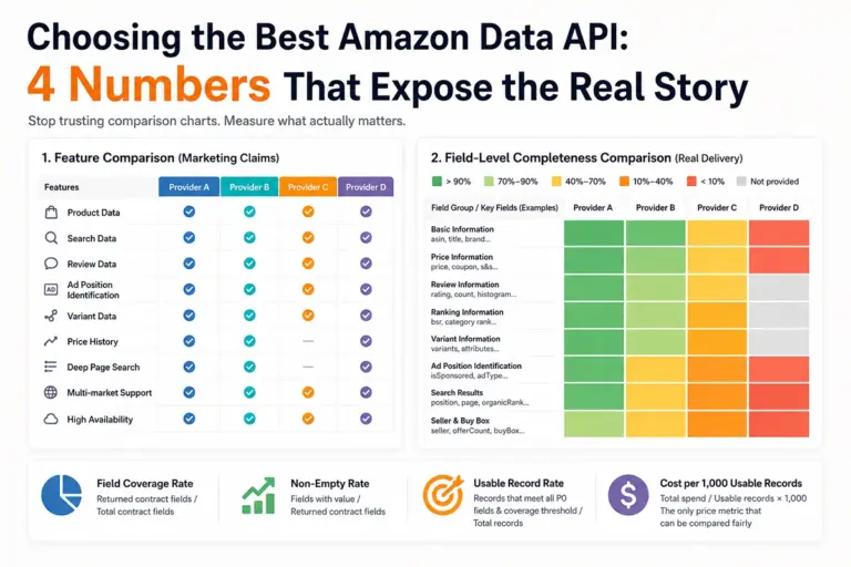 Best Amazon data API field-level comparison cover, binary feature checklist on the left versus field completeness heatmap on the right